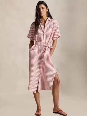 Polo Ralph Lauren Red White Striped Linen Belted Shirtdress Size 6